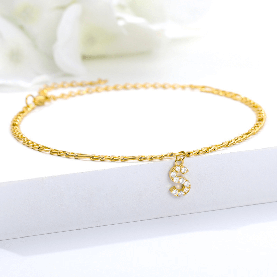 18K Gold Zircon Stone Initial Anklet