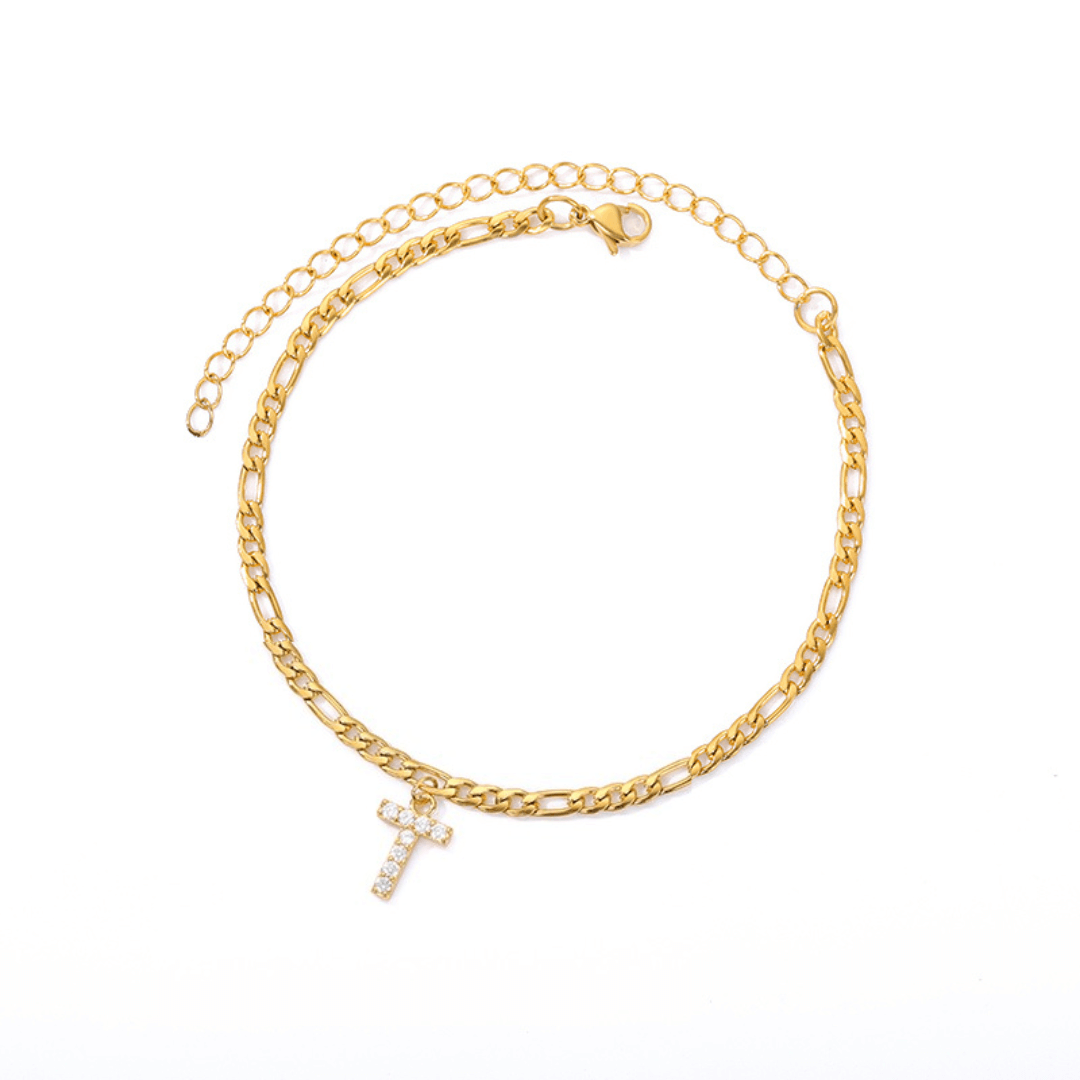 18K Gold Zircon Stone Initial Anklet