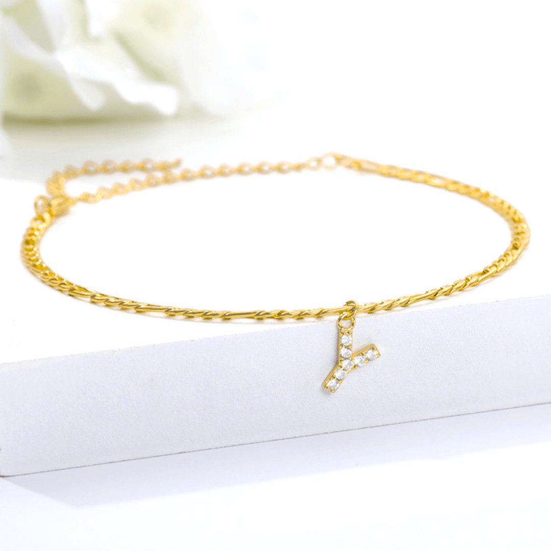 18K Gold Zircon Stone Initial Anklet