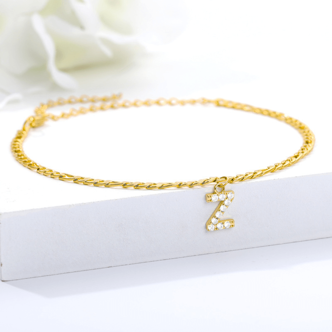 18K Gold Zircon Stone Initial Anklet