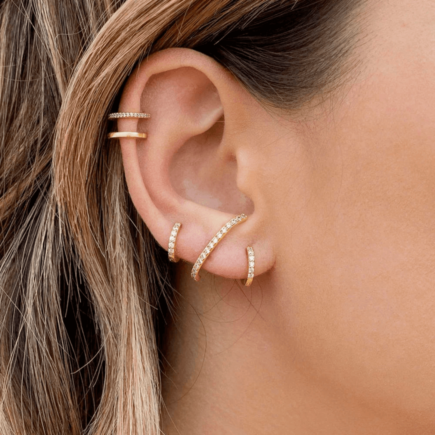 18K Gold Huggie Earrings Cubic Zirconia Stones
