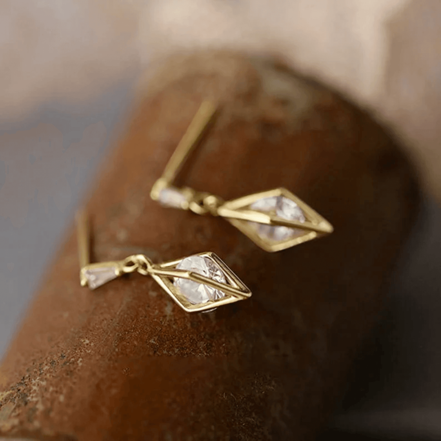14K Gold Earrings Zircon Prismatic Stud