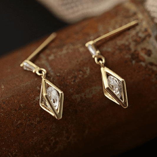 14K Gold Earrings Zircon Prismatic Stud