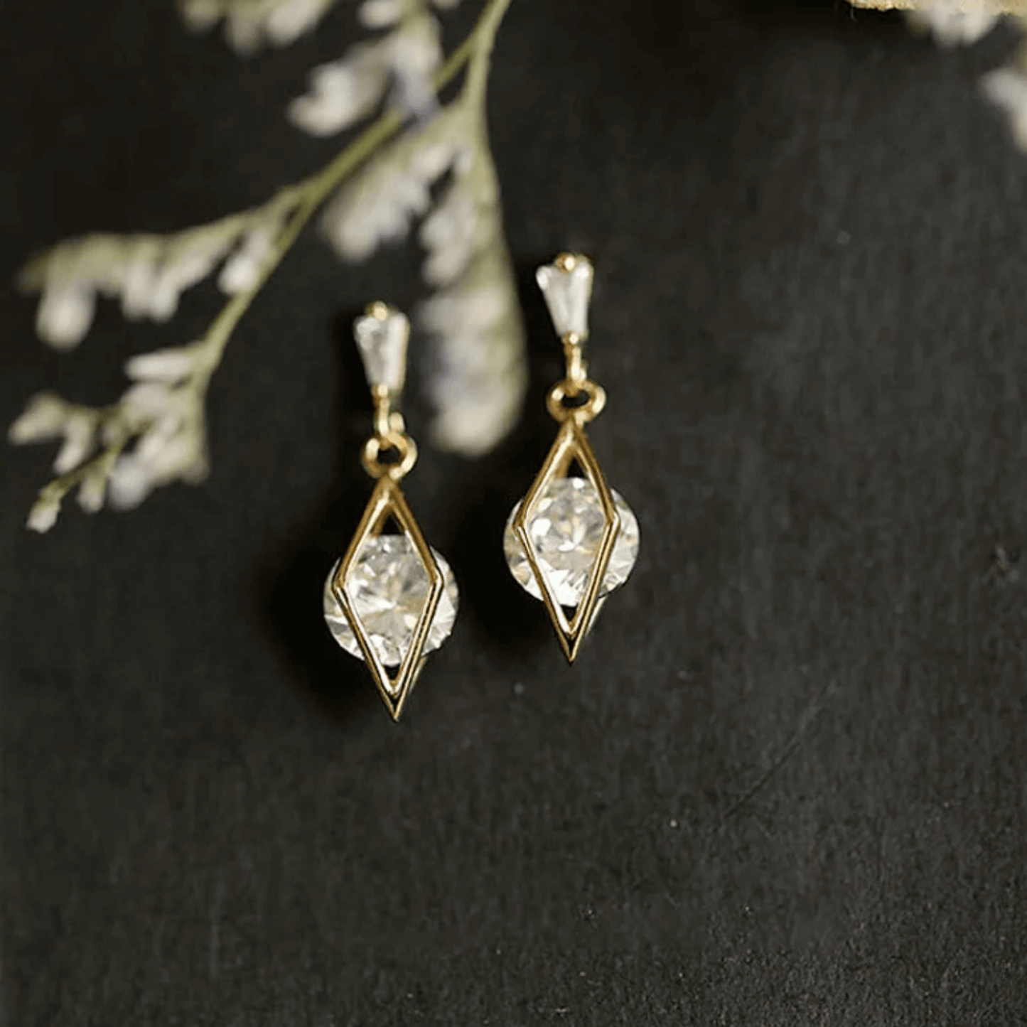 14K Gold Earrings Zircon Prismatic Stud